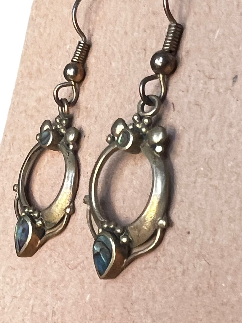 Brass Dangle Artsy Boho Earrings Mother or Pearl Hook Dangle