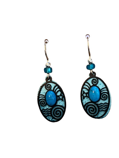 Turquoise Oval Metal Layered Dangle Earrings Cabochon