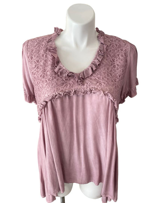 1XL ODDY Mauve Wash Ruffled Lace Short Sleeve Blouse Cottage Core