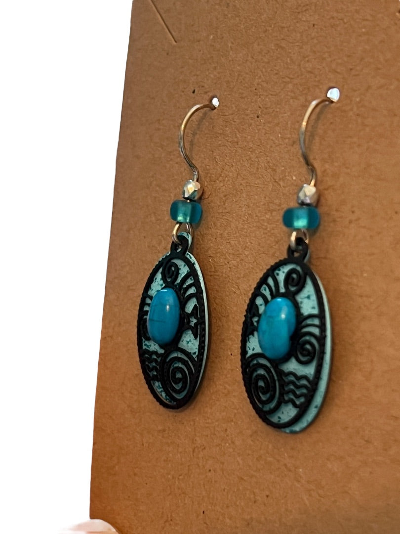 Turquoise Oval Metal Layered Dangle Earrings Cabochon