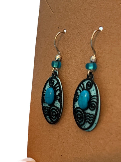 Turquoise Oval Metal Layered Dangle Earrings Cabochon