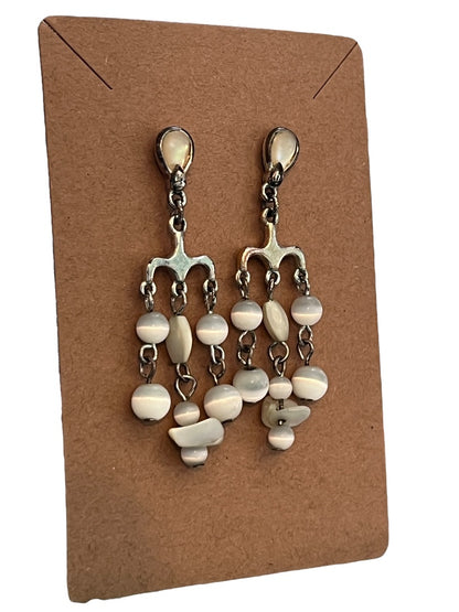 Silvertone Chandelier Earrings Shell Beads Pierced