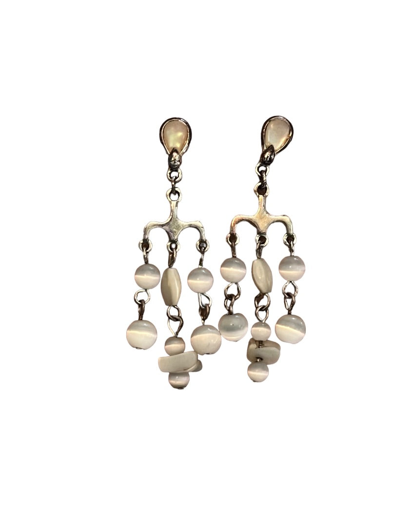 Silvertone Chandelier Earrings Shell Beads Pierced