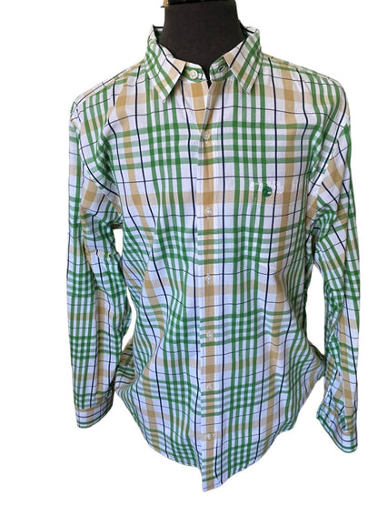 XL Timberland Button Down Plaid Shirt Green Brown White Men's