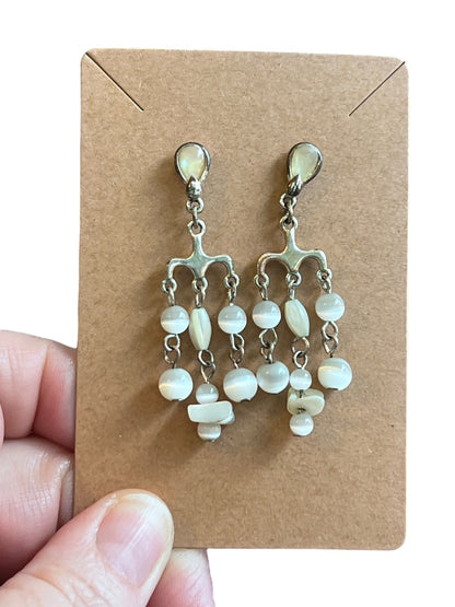 Silvertone Chandelier Earrings Shell Beads Pierced