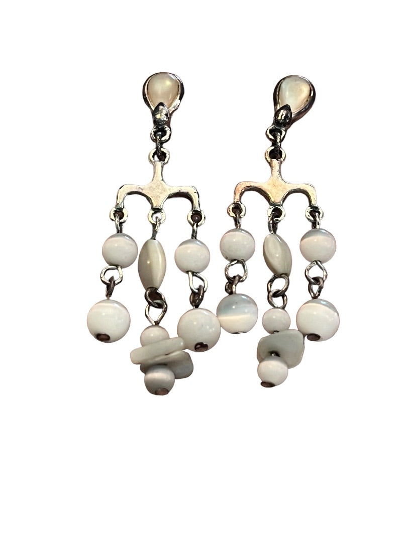 Silvertone Chandelier Earrings Shell Beads Pierced