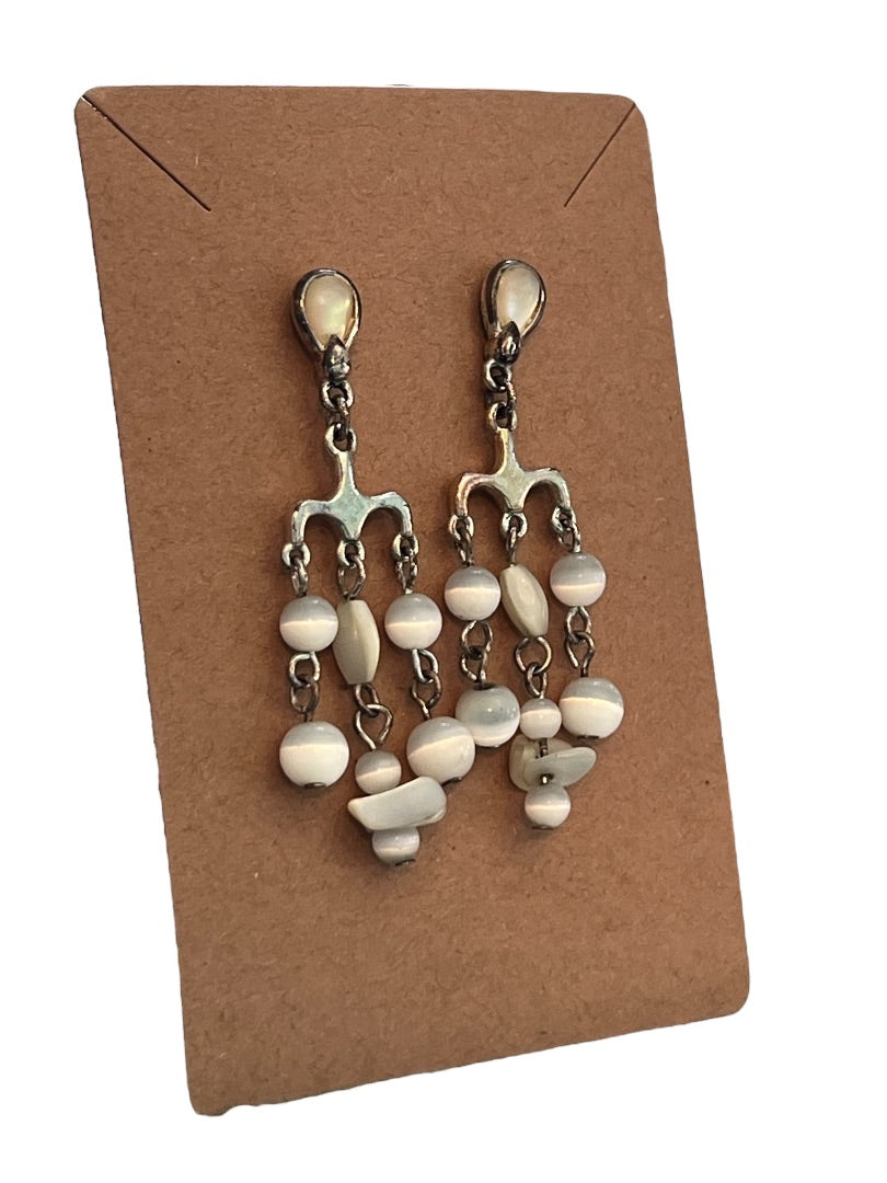 Silvertone Chandelier Earrings Shell Beads Pierced