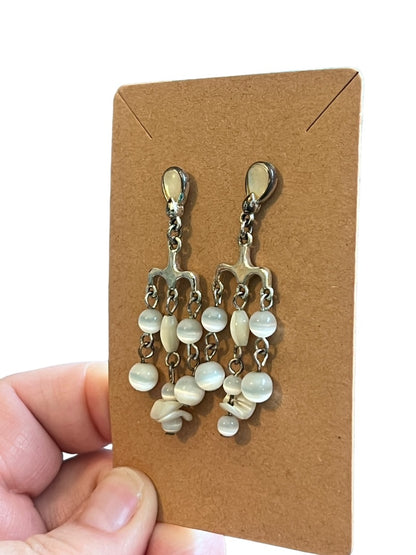 Silvertone Chandelier Earrings Shell Beads Pierced