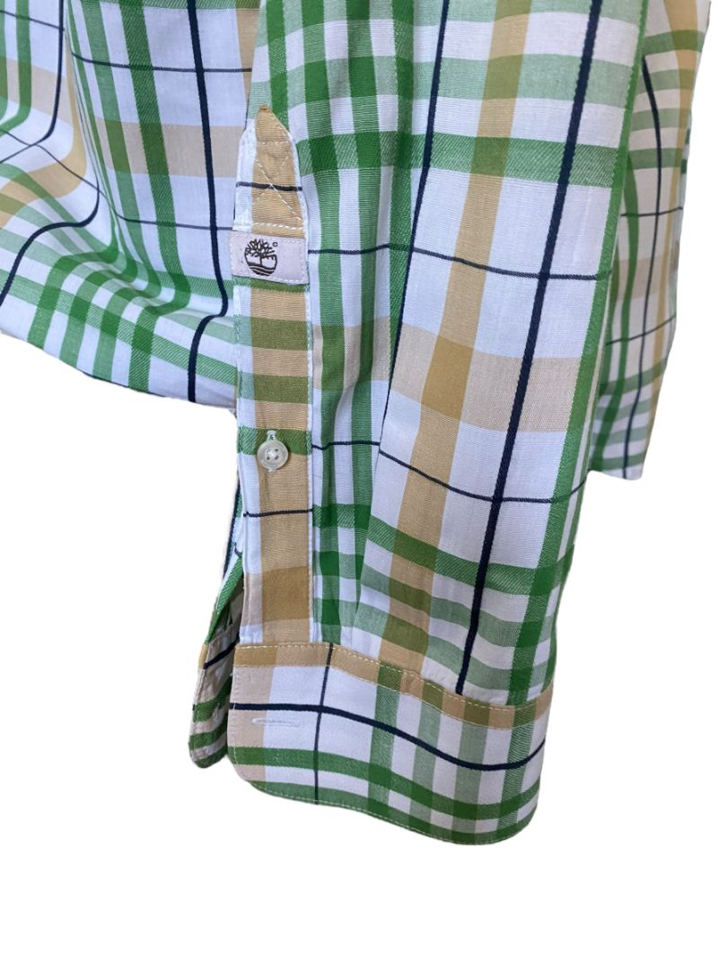 XL Timberland Button Down Plaid Shirt Green Brown White Men's