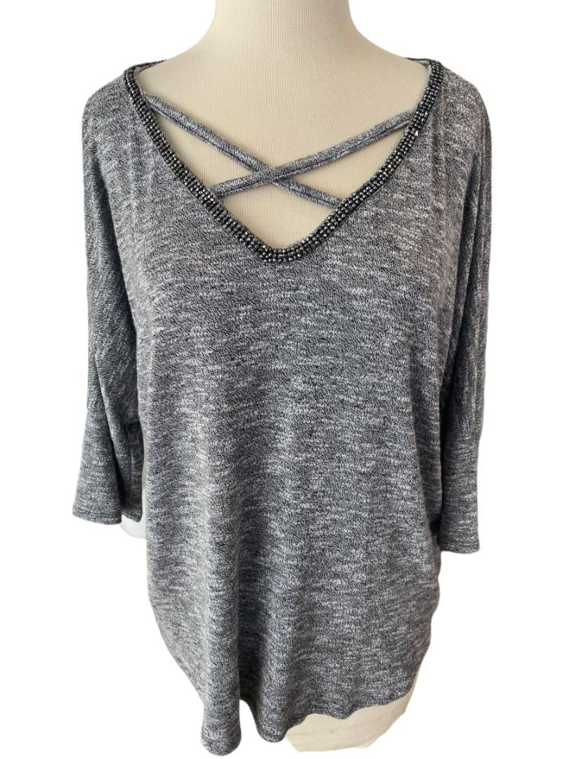 M Juicy Couture Gray Beaded CrissCross V-Neck Blouse Shirt Tunic