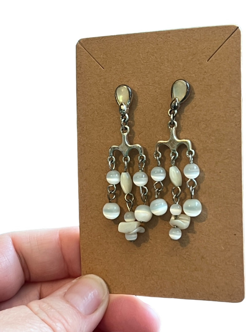 Silvertone Chandelier Earrings Shell Beads Pierced