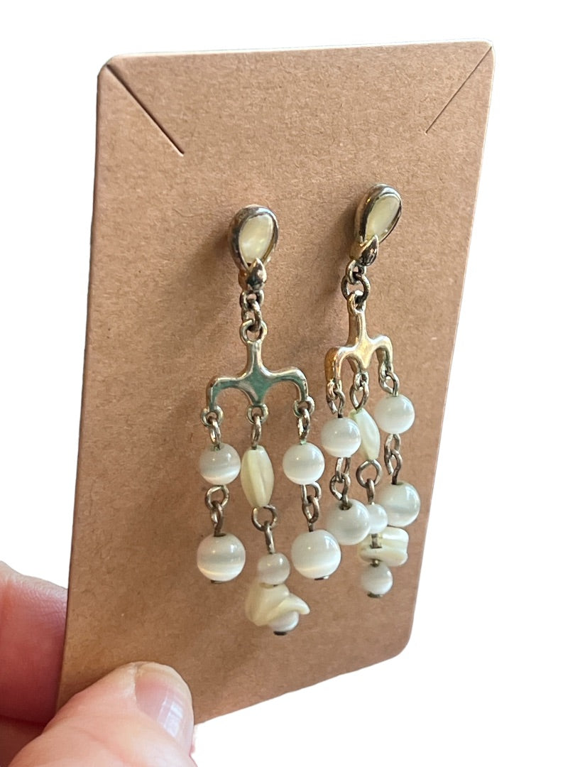 Silvertone Chandelier Earrings Shell Beads Pierced