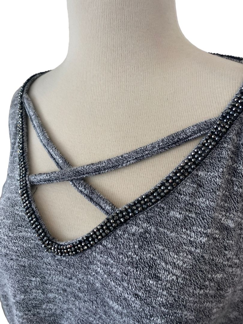 M Juicy Couture Gray Beaded CrissCross V-Neck Blouse Shirt Tunic