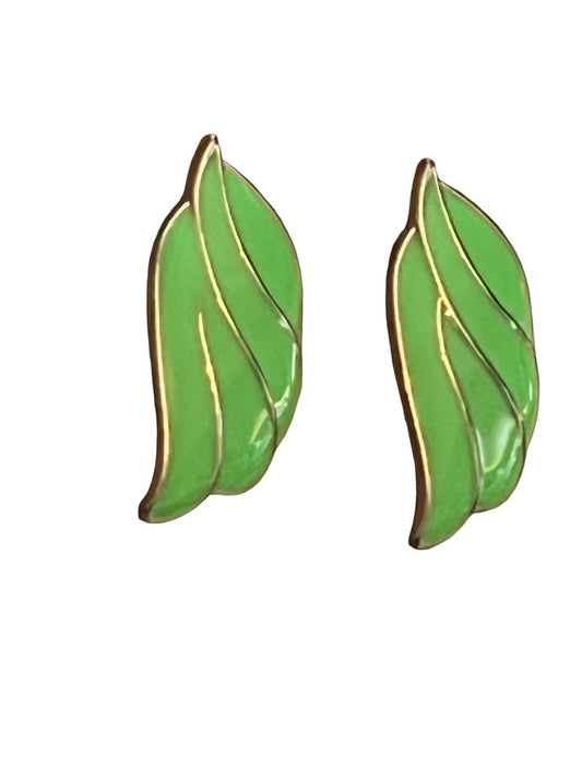 Vintage Goldtone Green Enamel Leaf Shape Post Earrings