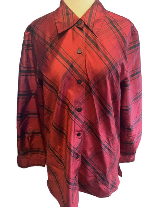 Medium Coldwater Creek Silk Red and Black Plaid Blouse