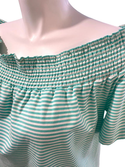 XL Vineyard Vines Off Shoulder Green White Striped Dress