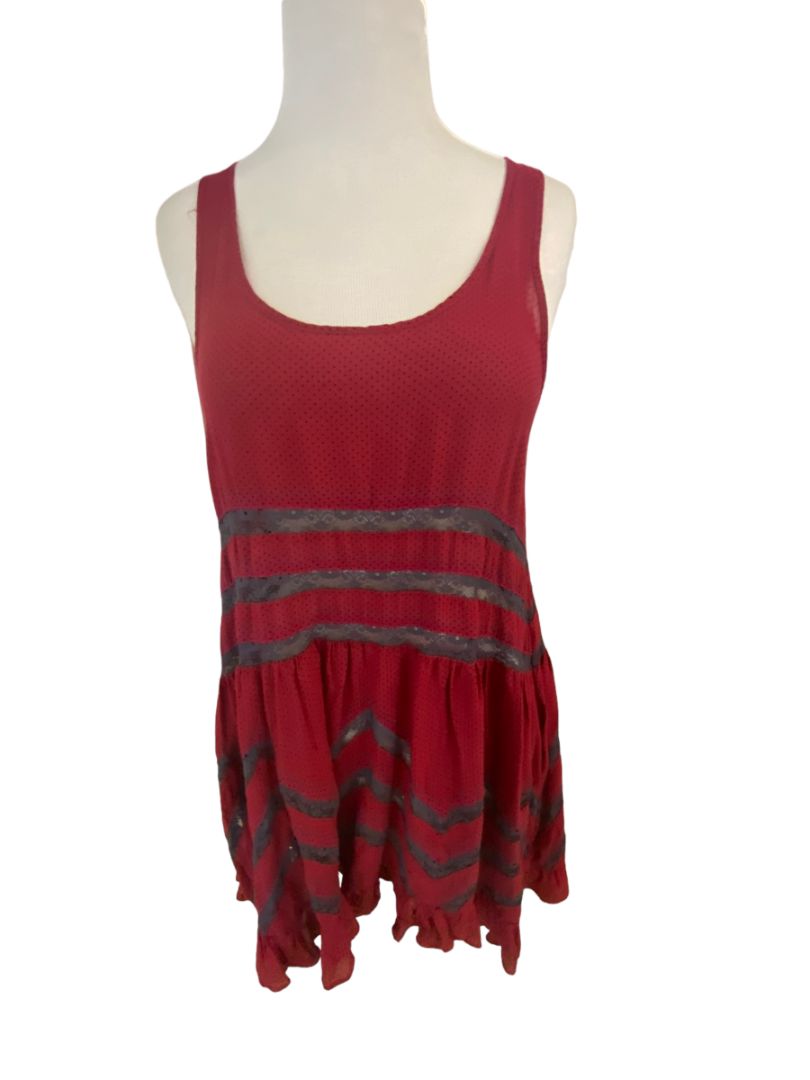 Small Intimately Free People Red Gray Voile Lace Trapeze Slip Dress