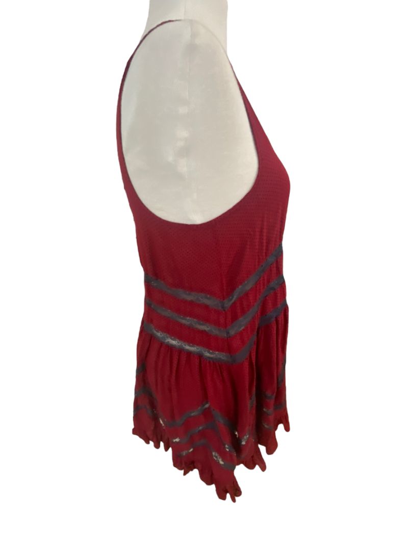 Small Intimately Free People Red Gray Voile Lace Trapeze Slip Dress