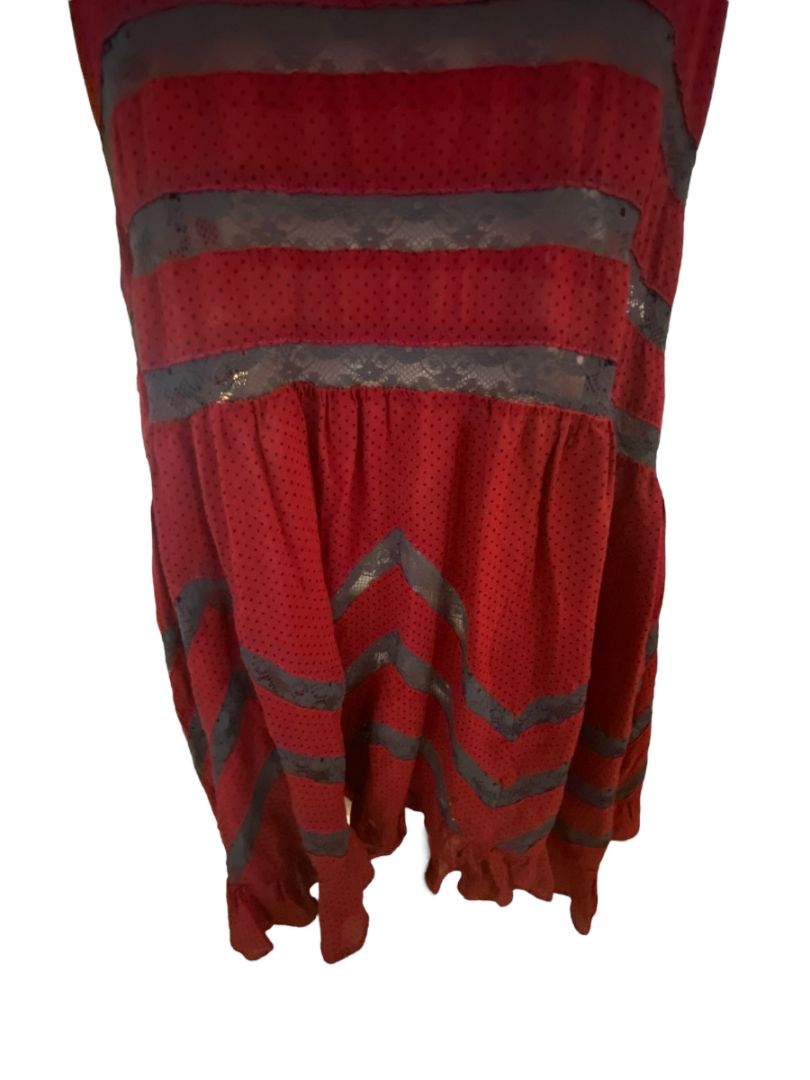 Small Intimately Free People Red Gray Voile Lace Trapeze Slip Dress