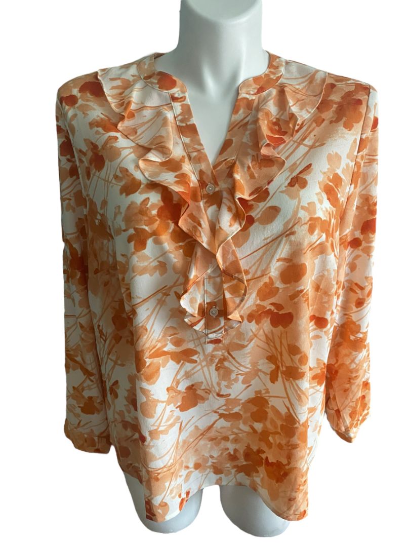 16W Talbots Floral Blouse Orange And White Ruffled V-Neck