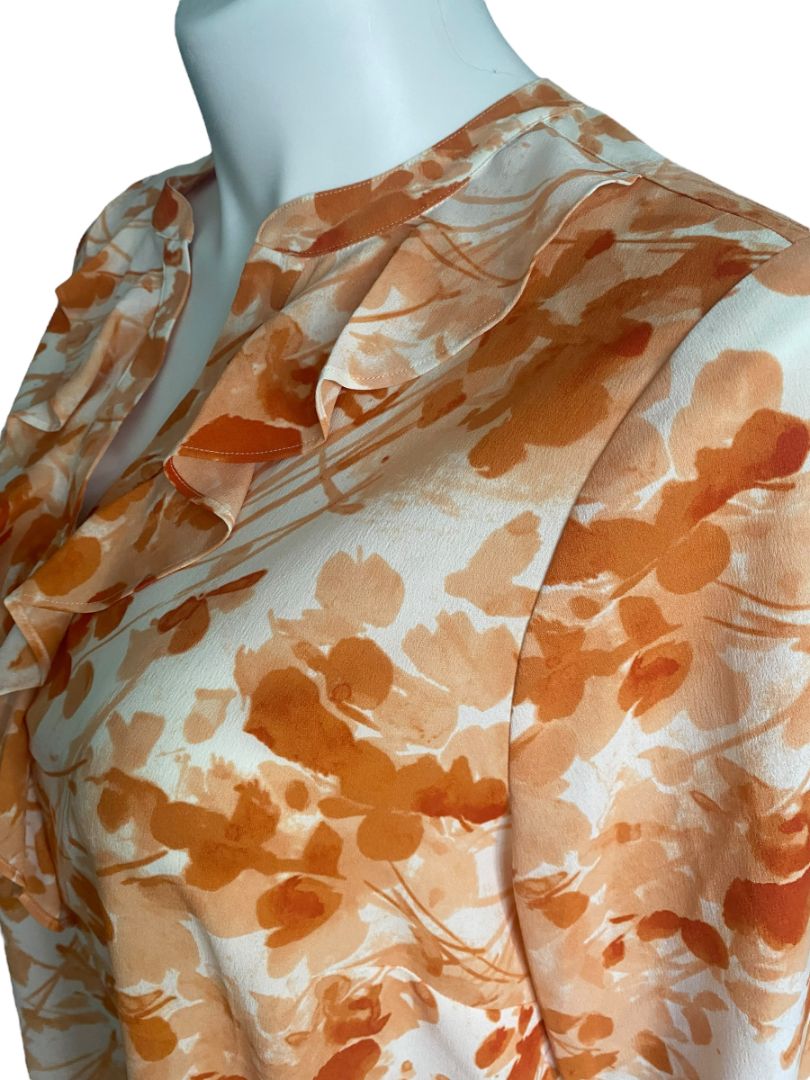 16W Talbots Floral Blouse Orange And White Ruffled V-Neck