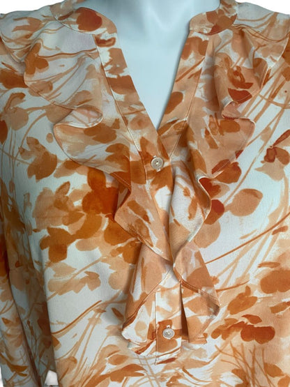 16W Talbots Floral Blouse Orange And White Ruffled V-Neck