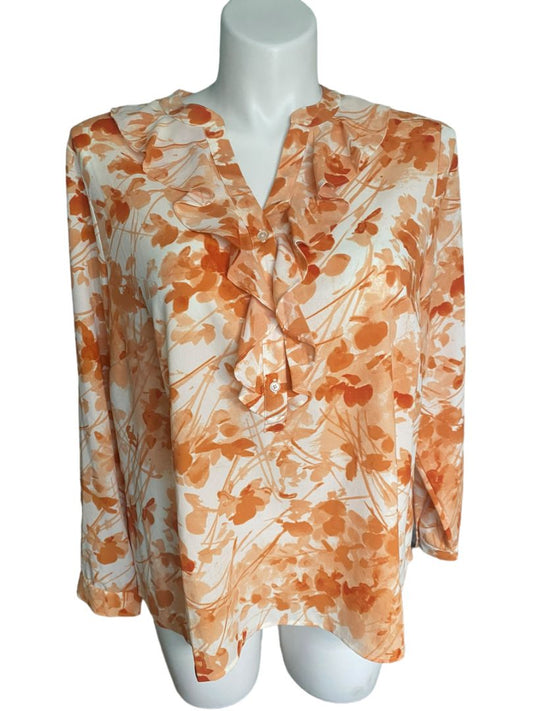 16W Talbots Floral Blouse Orange And White Ruffled V-Neck