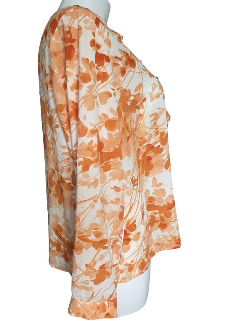 16W Talbots Floral Blouse Orange And White Ruffled V-Neck