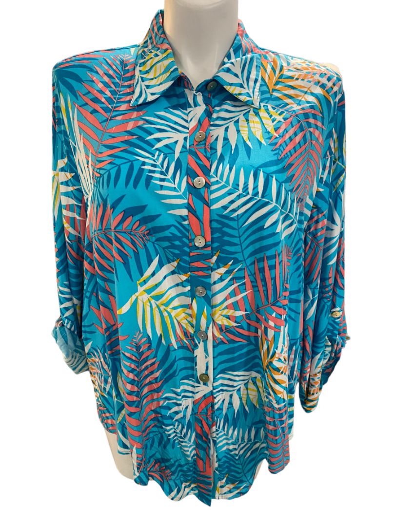 NWT 2X Ruby Rd Tropical Print Hot Tropics Roll-Tab Sleeve Blouse Top