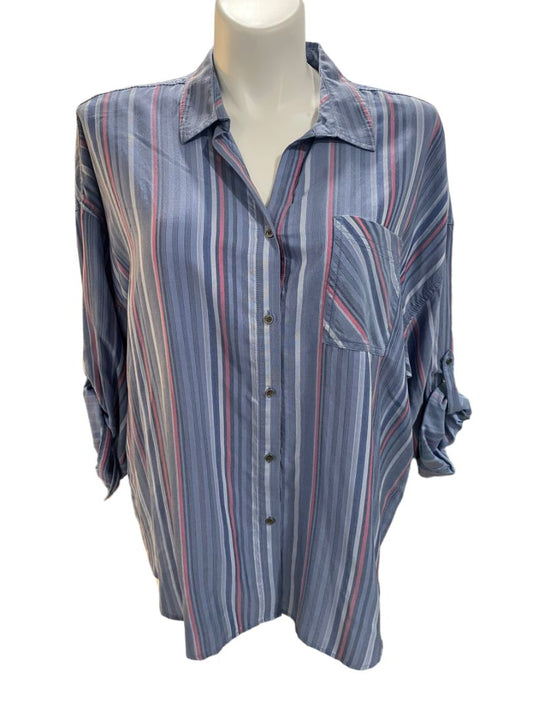 3X Westbound Woman Stripe Button Down Roll-Tab Sleeve Shirt Blouse Top Size