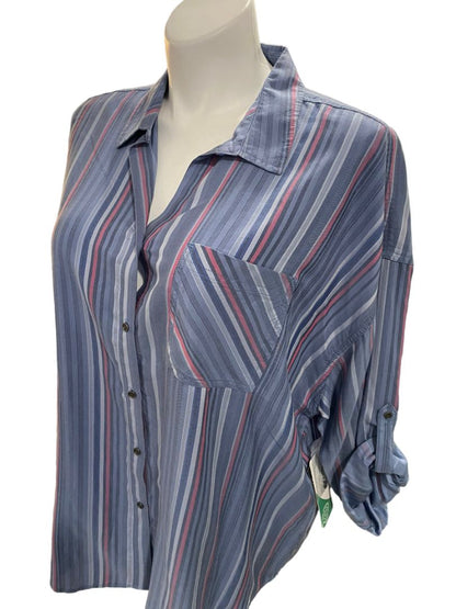 NWT 1X Westbound Woman Stripe Button Down Roll-Tab Sleeve Shirt Blouse Top