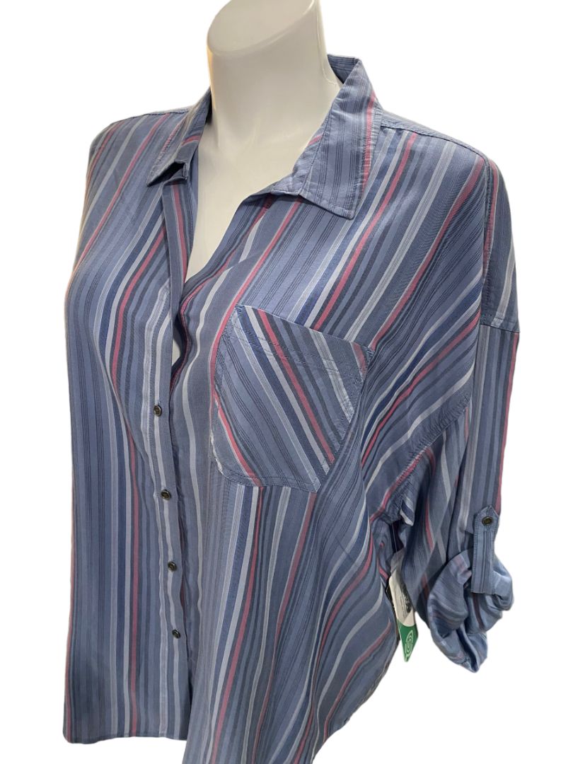 NWT 2X Westbound Woman Stripe Button Down Roll-Tab Sleeve Shirt Blouse Top