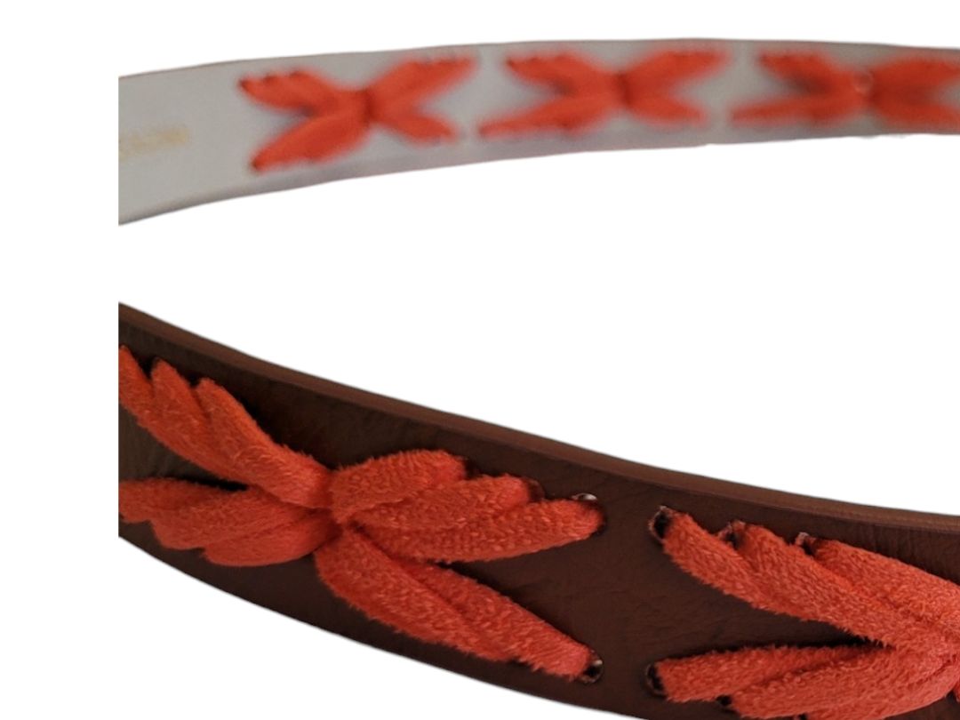 Small Lodis NY Brown Leather Aztec Boho Neon Orange Stiched Women's Belt NEW Retail $59