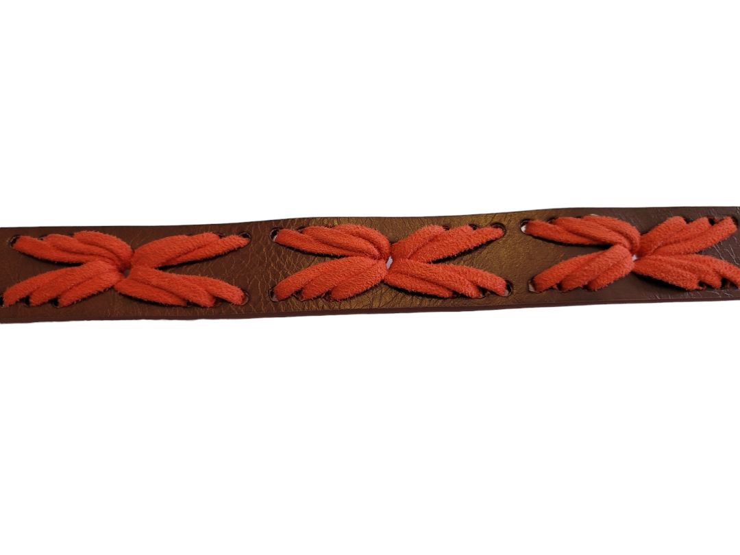 Small Lodis NY Brown Leather Aztec Boho Neon Orange Stiched Women's Belt NEW Retail $59