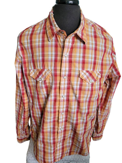 XL BKE 67 Men's Red Orange Plaid Pearl Snap Western Shirt Cowboy