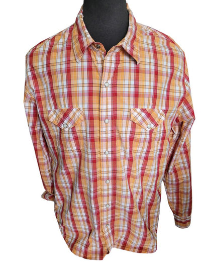 XL BKE 67 Men's Red Orange Plaid Pearl Snap Western Shirt Cowboy