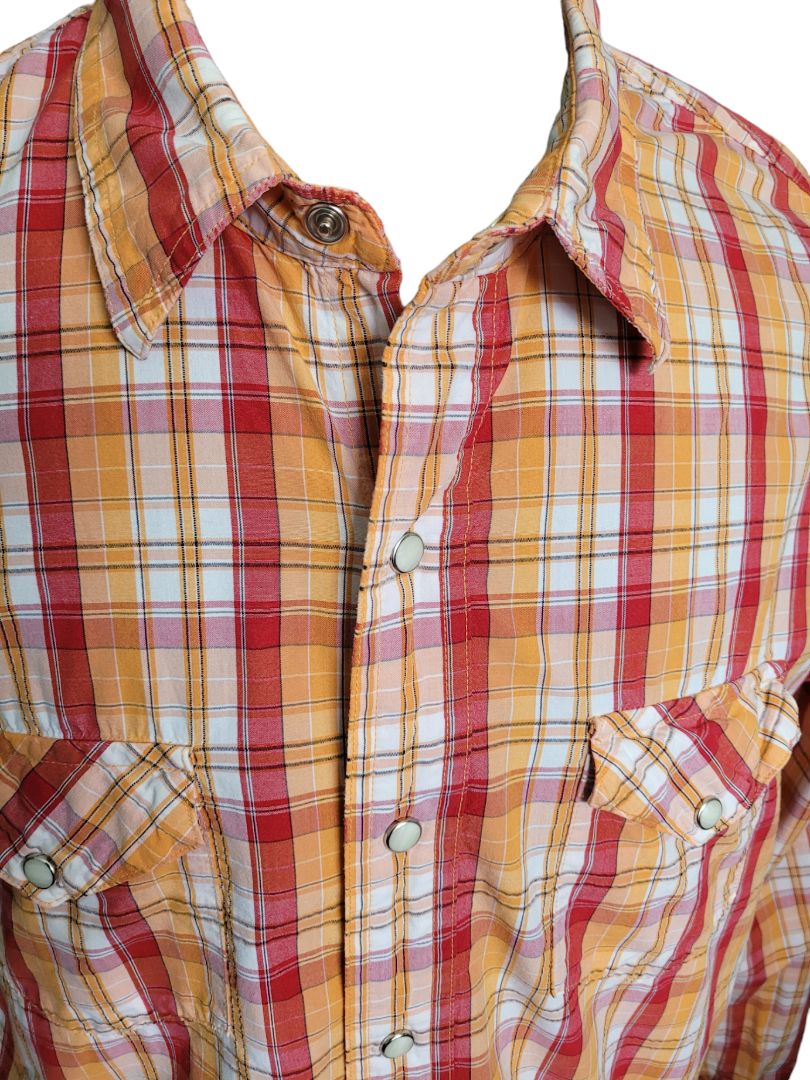 XL BKE 67 Men's Red Orange Plaid Pearl Snap Western Shirt Cowboy