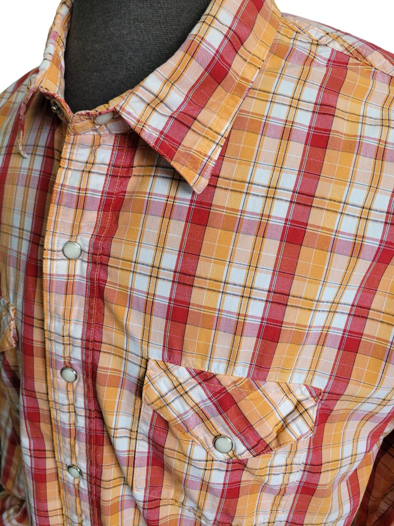 XL BKE 67 Men's Red Orange Plaid Pearl Snap Western Shirt Cowboy