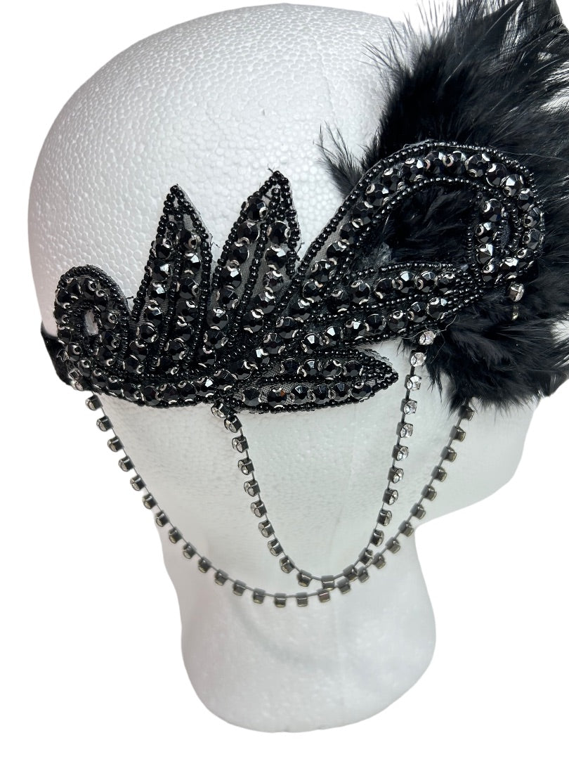 Flappers Style Black Rhinestone Feathered Headband Art Deco Style One Size Adult