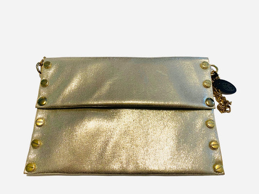 Gold Metallic Slim Crossbody Studded Chain Strap Purse New Designs By Liza Kim