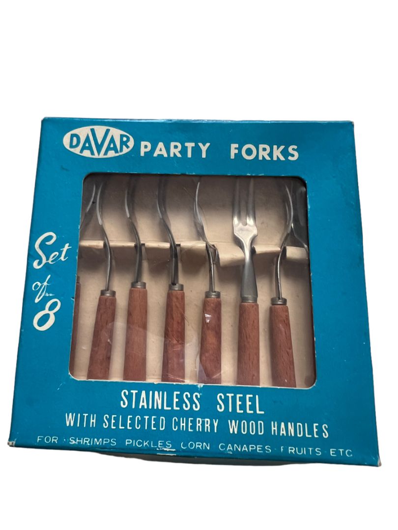 DAVAR Party Forks Stainless Steel Cherry Wood Handles Set of 8 VINTAGE MCM