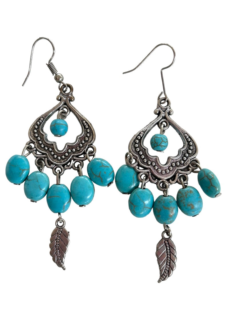 Turquoise Color Earrings Pierced Hook Silvertone 3" Drop Dangle