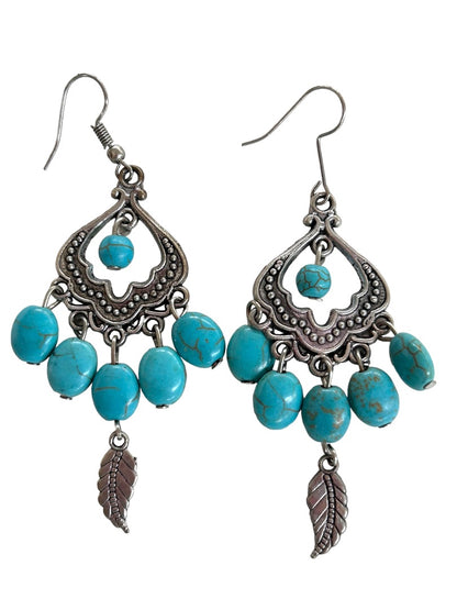Turquoise Color Earrings Pierced Hook Silvertone 3" Drop Dangle