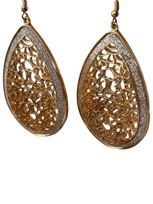 Goldtone Filigree Cutout Earrings Teardrop Shape Pierced Hook 2.25" Drop Dangle