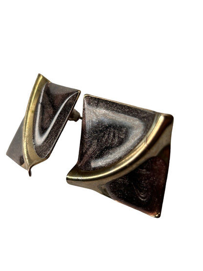 Vintage 1980s Goldtone Metallic Enamel Swirl Earrings Post Pierced 1" Square