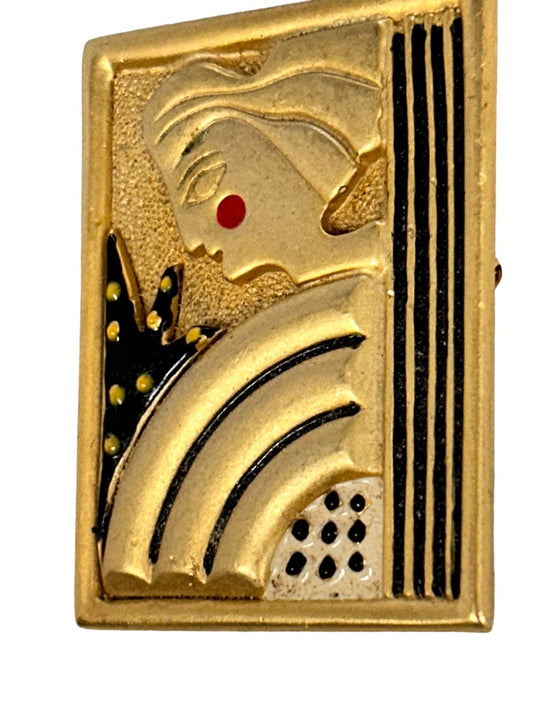 Signed AJC Cubism Artwork Brooch Matte Gold Tone Abstract Lady 1980s