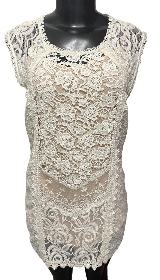 XS Champagne & Strawberry Lace Mini Dress Buttons Lined Ivory Nude Lining