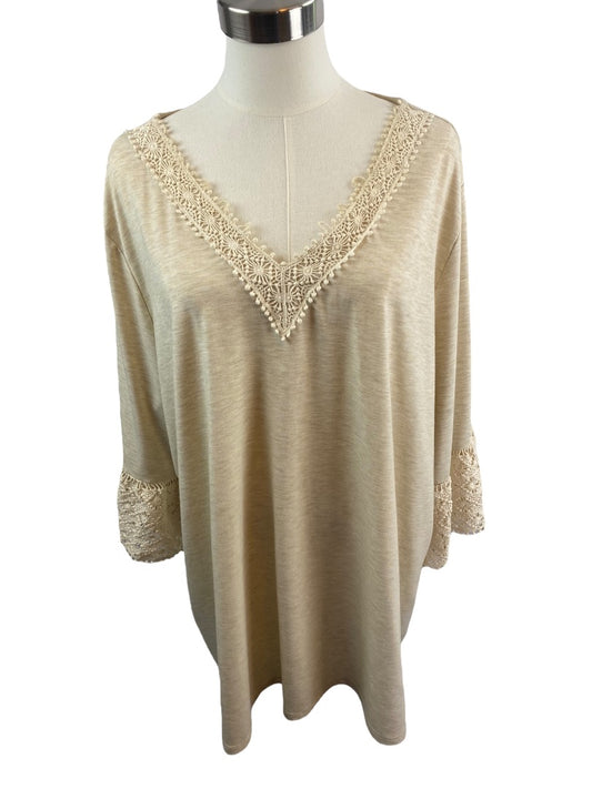 2X Ruby Rd Women's Oatmeal V-Neck Crochet Trim Pullover Top Shirt