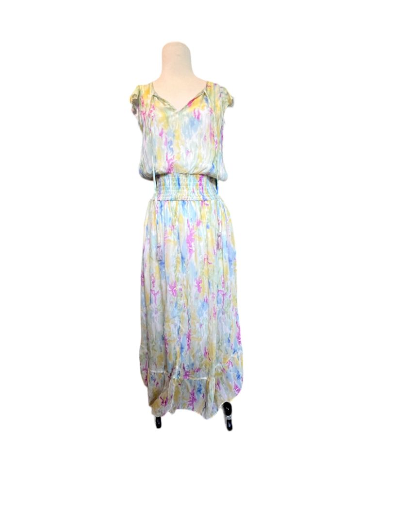 Size 8 Anthropologie Watercolor Print Spring Sleeveless Maxi Dress Lined Elastic Waist Tassle Ties