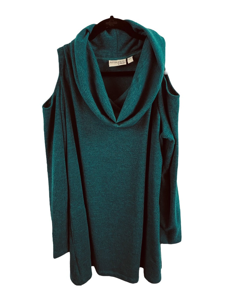 1X Attitudes by Renee Blue Green Cold Shoulder Cowl Neck Sweater